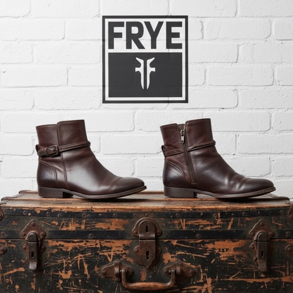 VINTAGE FRYE 🤎🤑🤎 Brown distressed Leather Ankle Boots Buckle Strap Side Zip 8